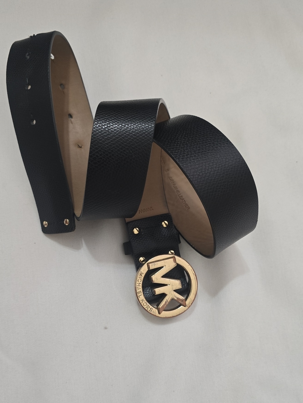Michael Kors Black Pebbled Leather Women's Belt with Gold MK Round Buckle S